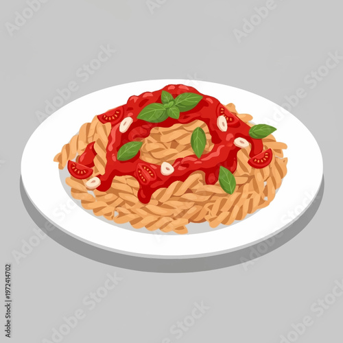 A plate of pasta with tomato sauce.