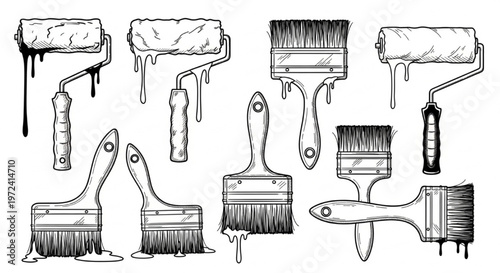 Urban Graffiti Paint Roller and Brush Vector Illustration Sheet in Black Ink Grunge Punk Street Art Style