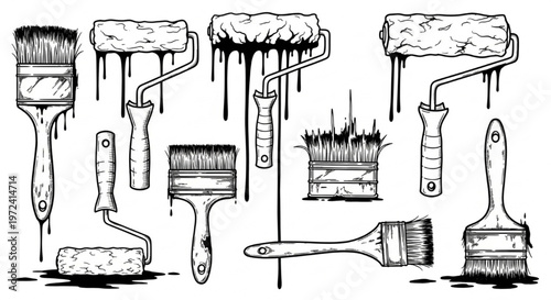 Urban Graffiti Paint Roller and Brush Vector Illustration Sheet in Black Ink Grunge Punk Street Art Style
