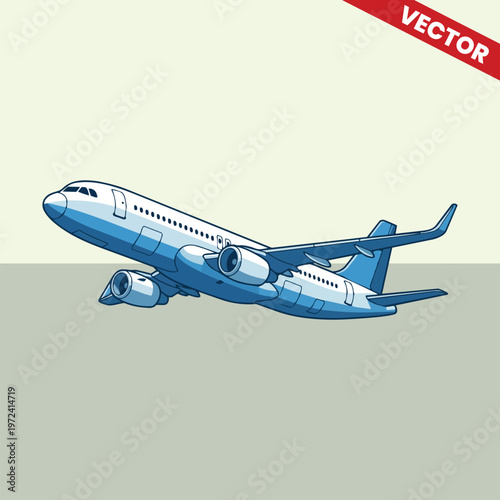 Dynamic Takeoff Perspective of Blue Commercial Airplane Vector Illustration, Ascending Jet Airliner Graphic for Aviation Travel Marketing and Tourism Promotion, Modern Flight Motion Design