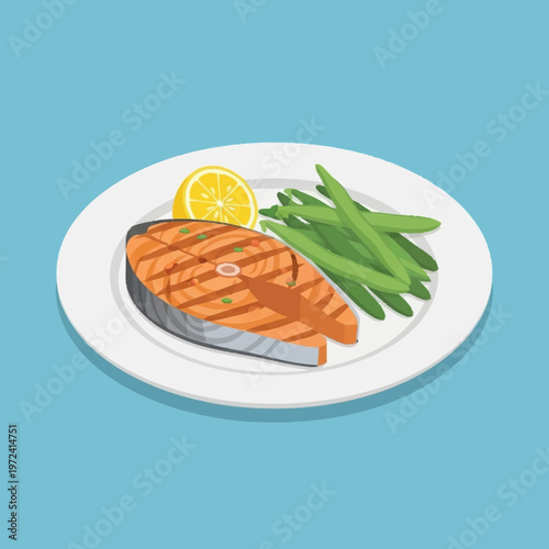 Grilled salmon fillet with green beans.