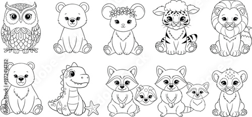 Cute baby animals collection in outline style featuring owl, bear, raccoon, lion, dinosaur, and forest creatures in adorable cartoon vector illustration set