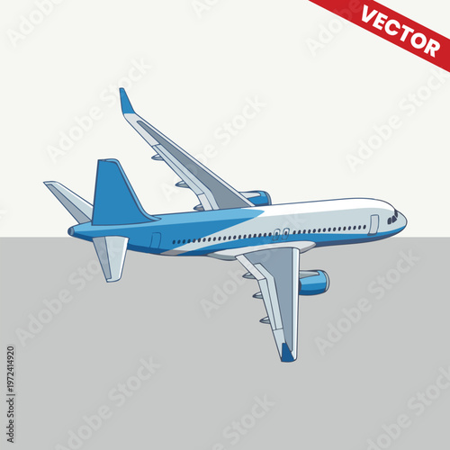 Modern Passenger Airplane Vector with Blue Tail Detail. Commercial Aircraft Flying Perspective for Airline Promotion and Travel Services. Professional Aviation Graphic for Website and Print.