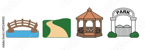 cartoon park elements set, wooden bridge over water, winding path with fence, gazebo pavilion and entrance gate with shrubs, landscape design components, outdoor garden scene vector illustration.