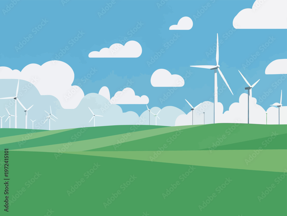 Fototapeta premium Wind turbines stand tall in a green field under a blue sky with clouds in the background on a sunny day in a rural area