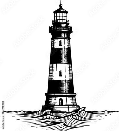 lighthouse and sea beacon sketch, nautical marine tower vector illustration