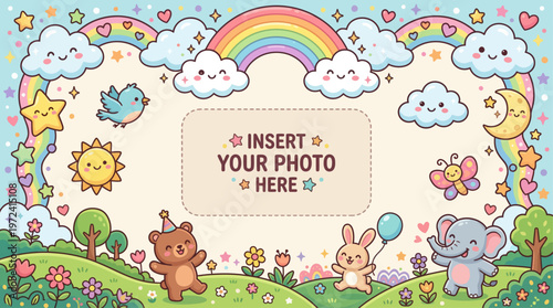 Colorful kids frame with rainbow clouds cute animals and flowers for photo