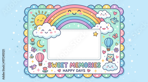 Colorful kids frame with rainbow clouds and cute designs for sweet memories