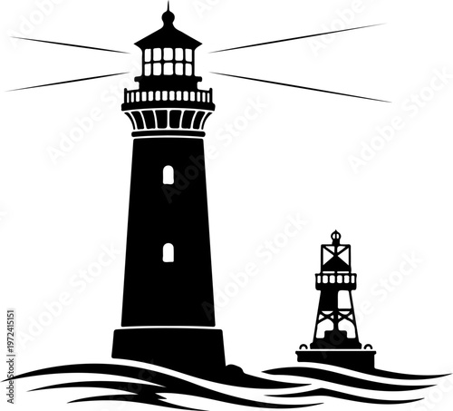 lighthouse and sea beacon sketch, nautical marine tower vector illustration