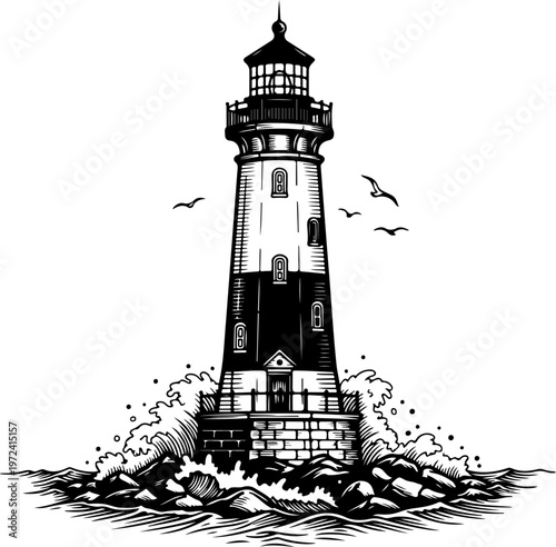 lighthouse and sea beacon sketch, nautical marine tower vector illustration