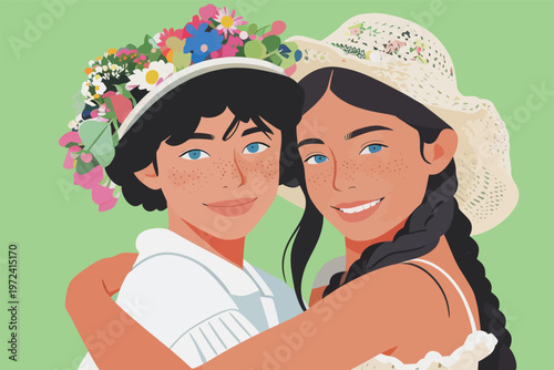 Friends smile and pose together while wearing light hats and flowers on a bright green background during a sunny day in spring