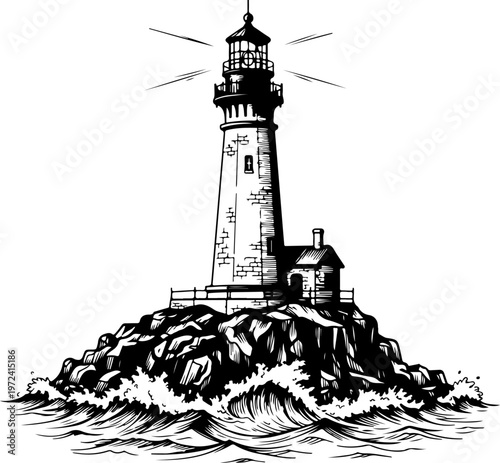 lighthouse and sea beacon sketch, nautical marine tower vector illustration