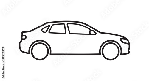 Outline of a modern sedan car viewed from the side with a simple black and white line drawing of sedan car shown from side profile