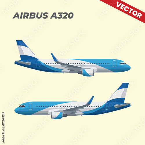 Set of two Airbus A320 passenger planes vector illustration featuring different angles and liveries for aviation infographic airline marketing corporate travel and transportation design