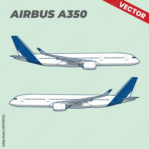 Airbus A350 XWB Modern Passenger Jet Aircraft Vector Set Side View and Perspective View Blue Livery Design for Commercial Aviation Travel and Modern Air Transportation Industry