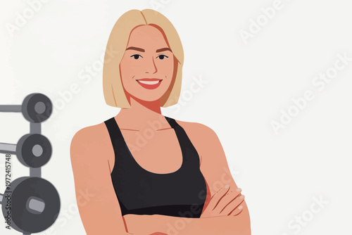 Fitness instructor stands confidently in gym setting with weights and workout equipment in the background during daytime