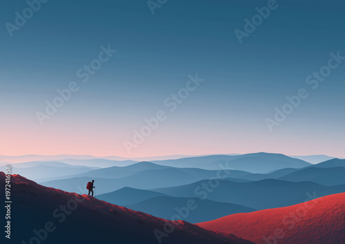 Minimal landscape hiker wide mountain view serene horizon sky sunrise light copy space background solitude travel adventure
