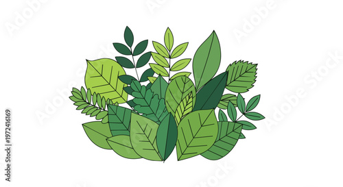 Abstract illustration of diverse green leaves and foliage cluster