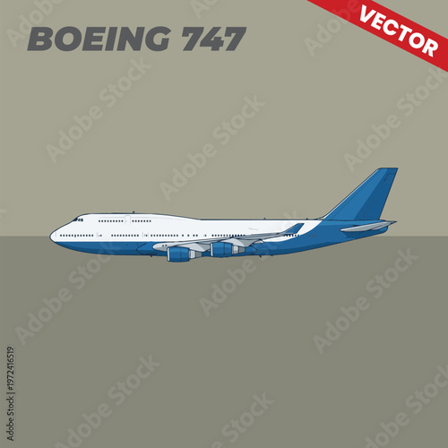 Side View of Boeing 747 Commercial Aircraft Vector Illustration Realistic Passenger Jet Design for Aviation Infographics and Logistics Advertising Isolated Profile of Iconic Jumbo Jet