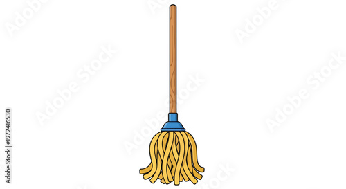 Cartoon Style Floor Mop with Wooden Handle Isolated on White Background