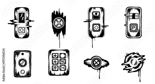 Urban Graffiti Elevator Button and Control Panel Vector Illustration Sheet in Black Ink Grunge Punk Street Art Style