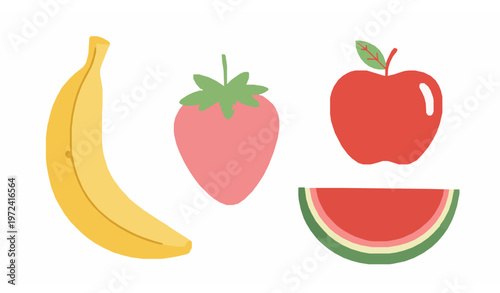 Foto Cute handmade fruit vector banana strawberry apple watermelon colorful doodle se