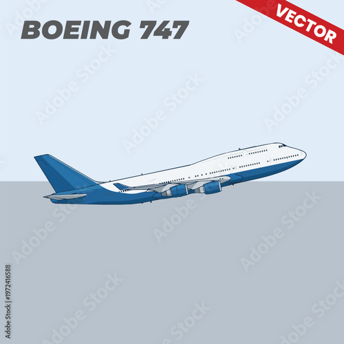 Boeing 747 Taking Off Vector Art Commercial Passenger Plane Ascending to the Sky Realistic Aviation Graphic for Travel and Tourism Marketing Materials Blue and White Livery Design