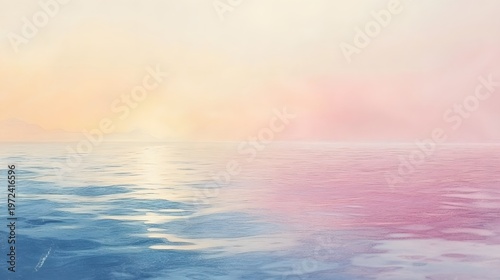 Soft sunlight glows over a calm ocean surface at dusk.