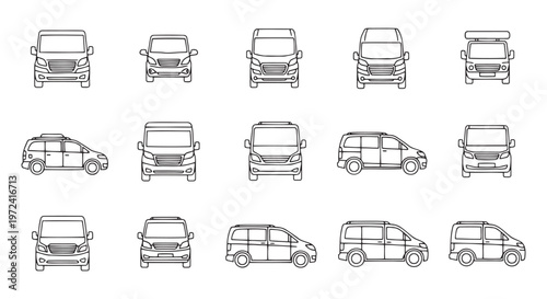 Collection of van and minibus outline illustrations from various angles