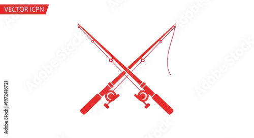 Two crossed red fishing rods with reels, vector illustration, white background
