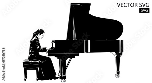 Woman Playing Grand Piano Silhouette Vector Art