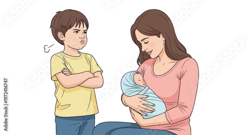 Jealous older brother, mother holding newborn baby, family dynamics, sibling rivalry concept