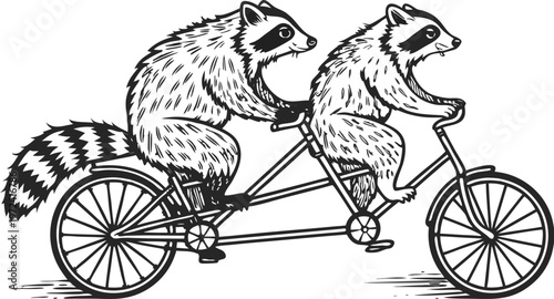 Raccoons riding tandem bicycle vintage engraving. A highly detailed black and white vintage vector illustration of two adorable raccoons riding a tandem bicycle together. Vector illustration