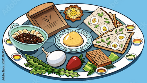 Seder plate, Passover symbols, Jewish holiday, traditional food, matzo, charoset