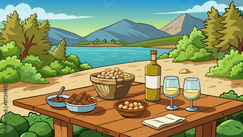 Outdoor picnic setup, wine and snacks, scenic landscape, vector illustration, countryside getaway
