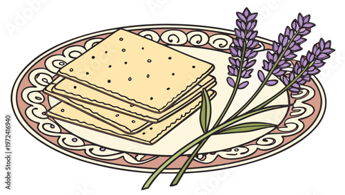 Crackers on plate, crackers with lavender, snack food, flatbread, vector illustration