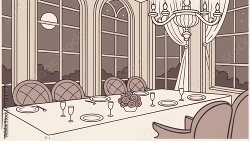 Elegant dining room, luxury interior, table setting, vector illustration, beige and brown colors
