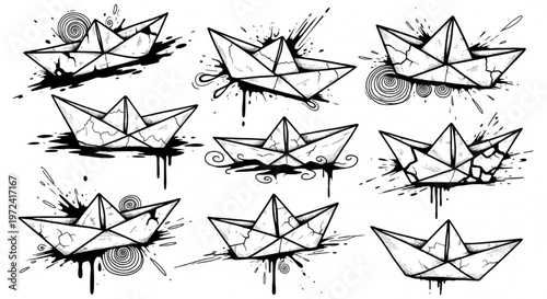 Urban Graffiti Paper Boat and Floating Form Vector Illustration Sheet in Black Ink Grunge Punk Street Art Style