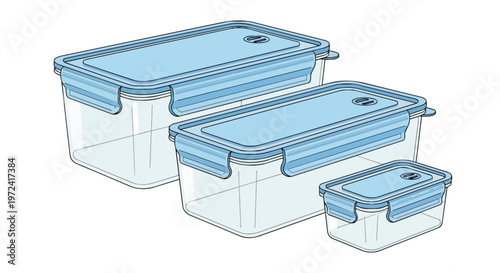Set of Three Transparent Plastic Food Storage Containers with Blue Lids