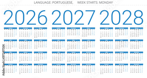 Portuguese calendar set for 2026, 2027, 2028 years. Simple vector illustration Portugal
