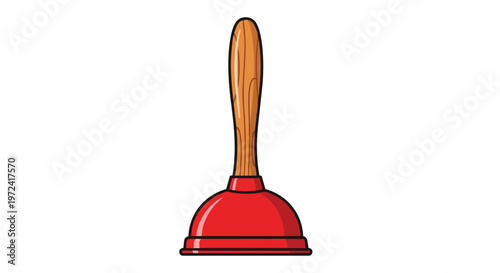 Illustration of a Red Rubber Plunger with a Wooden Handle