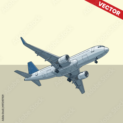 Modern Passenger Jet Aircraft Flying Downwards Vector Illustration. Dynamic View of Commercial Airliner for Aviation Safety, Landing Concept, and Travel Industry Graphic Design.