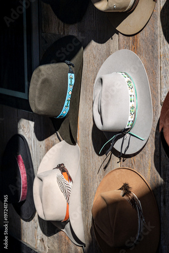 Stetson cowboy hats on display on a wall, Jackson Hole, Wyoming, USA