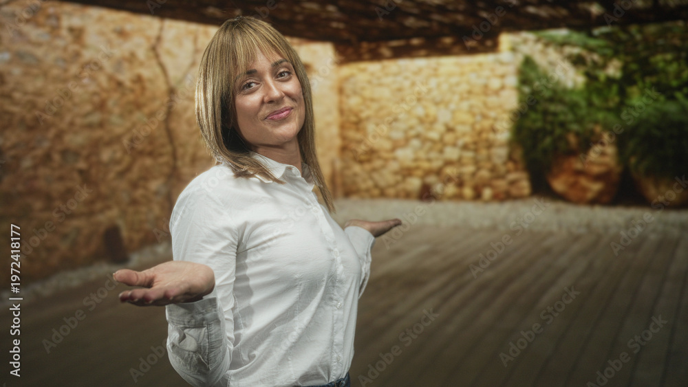 Obraz premium Woman smiling with palms up gesture in a stone building interior with wooden floor and plant near a wall; cheerful welcome.