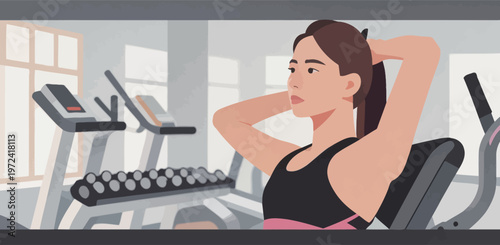 Woman preparing for workout in gym with exercise equipment and weights in the background