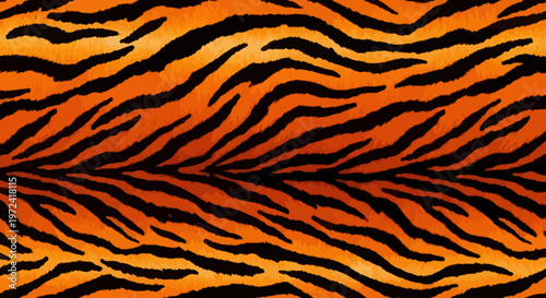 Dynamic and vibrant orange and black tiger stripe pattern, an exotic wild animal print texture with a subtle mirrored reflection, creating a striking and bold visual impact