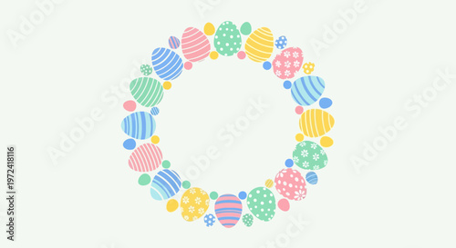 Bright and cheerful spring holiday design featuring a beautifully arranged circle of pastel patterned Easter eggs, perfect for festive seasonal decorations and joyful celebrations
