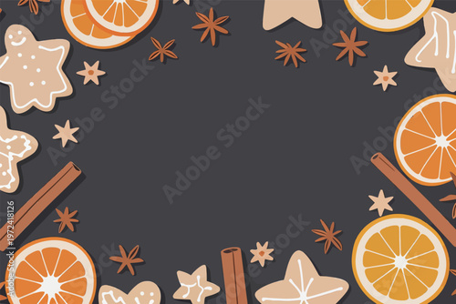 Decorative arrangement of spices and cookies on a dark background for a festive occasion in winter