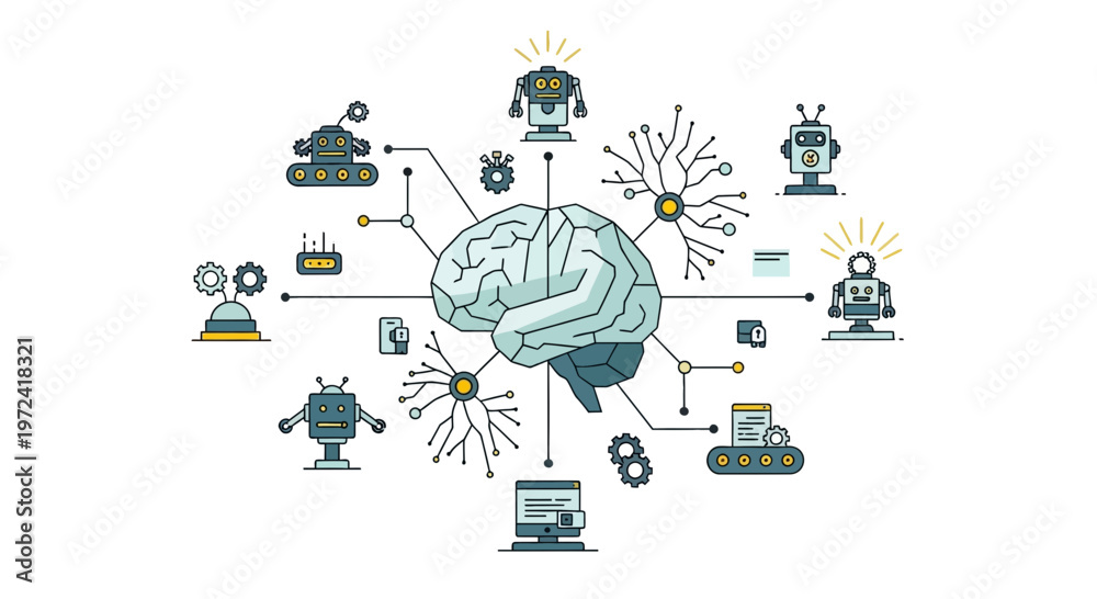 Fototapeta premium Artificial intelligence concept with brain connected to various robots on white
