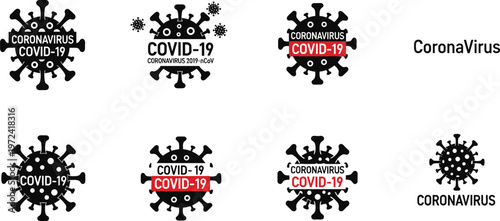 Coronavirus COVID-19 Icon Set Featuring Virus Symbols, Pandemic Warning Signs, and Healthcare Awareness Graphics in Black and Red Vector Illustration Style